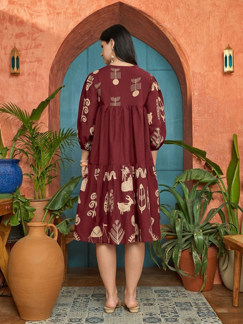 Stylum Women's Maroon Boho Printed Cotton Tiered Dress (DRSMAROONMAYURI)