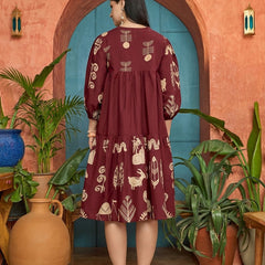 Stylum Women's Maroon Boho Printed Cotton Tiered Dress (DRSMAROONMAYURI)