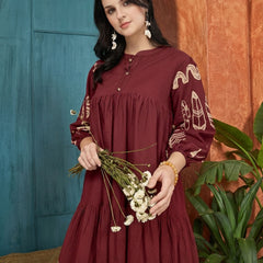 Stylum Women's Maroon Boho Printed Cotton Tiered Dress (DRSMAROONMAYURI)