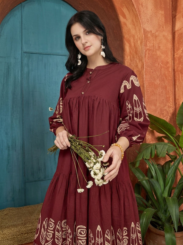 Stylum Women's Maroon Boho Printed Cotton Tiered Dress (DRSMAROONMAYURI)