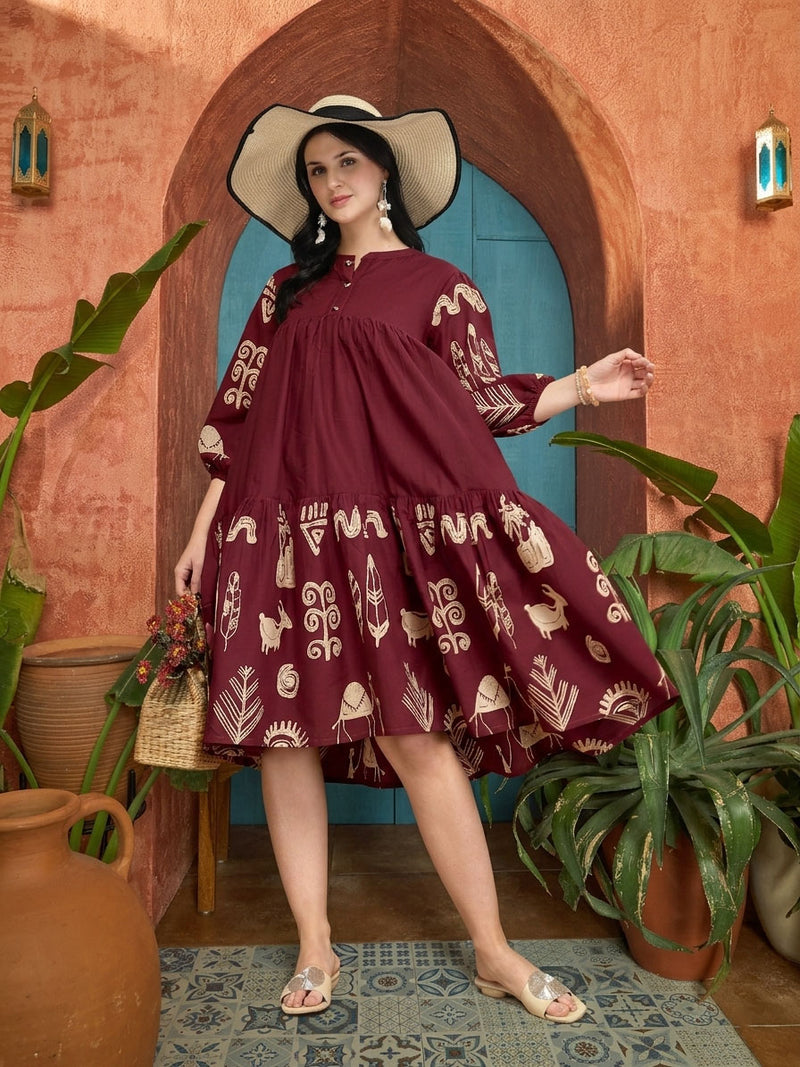 Stylum Women's Maroon Boho Printed Cotton Tiered Dress (DRSMAROONMAYURI)