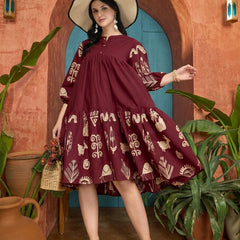 Stylum Women's Maroon Boho Printed Cotton Tiered Dress (DRSMAROONMAYURI)