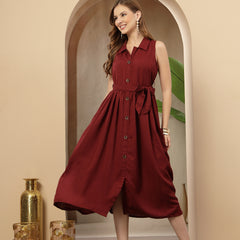 Stylum Women's Maroon Self Design Crepe Pleated Dress (DRSMAROONMOSS)