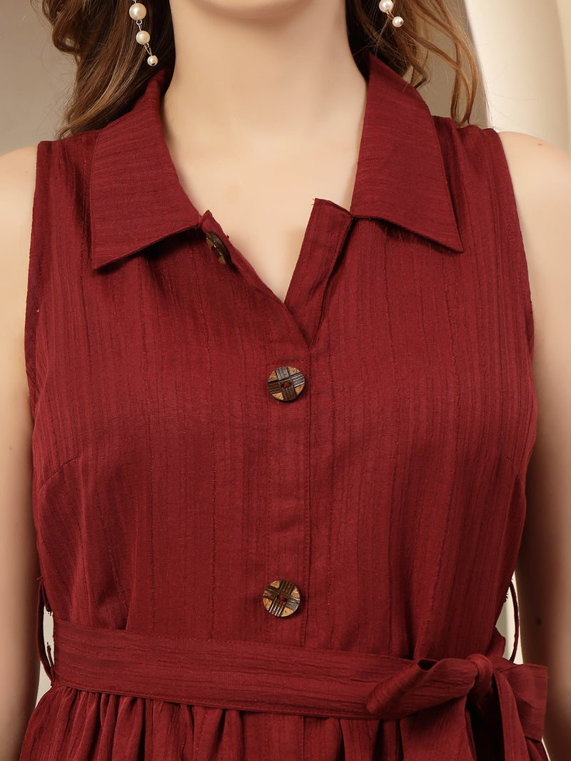 Stylum Women's Maroon Self Design Crepe Pleated Dress (DRSMAROONMOSS)