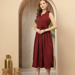 Stylum Women's Maroon Self Design Crepe Pleated Dress (DRSMAROONMOSS)