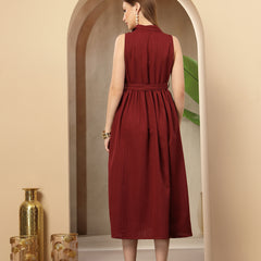 Stylum Women's Maroon Self Design Crepe Pleated Dress (DRSMAROONMOSS)