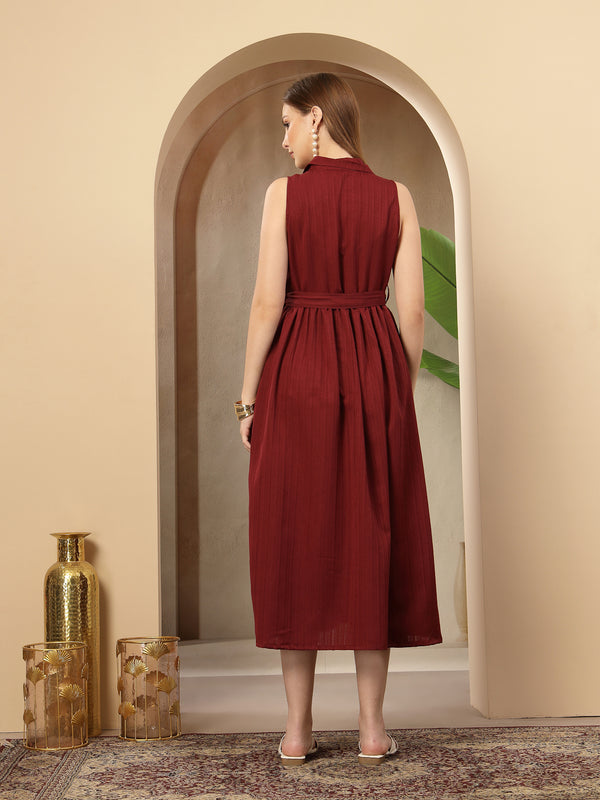 Stylum Women's Maroon Self Design Crepe Pleated Dress (DRSMAROONMOSS)