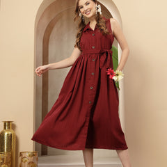 Stylum Women's Maroon Self Design Crepe Pleated Dress (DRSMAROONMOSS)