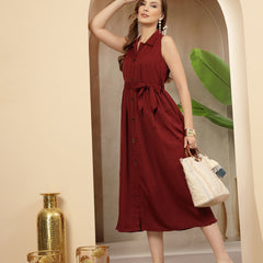 Stylum Women's Maroon Self Design Crepe Pleated Dress (DRSMAROONMOSS)