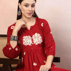 Stylum Women's Maroon Bandhej Printed & Embroidered Rayon Maxi Dress (DRSMAROONROSE)