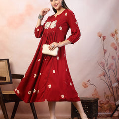 Stylum Women's Maroon Bandhej Printed & Embroidered Rayon Maxi Dress (DRSMAROONROSE)