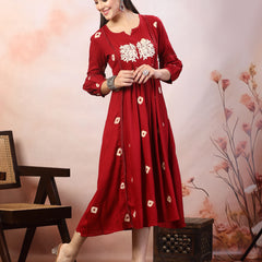 Stylum Women's Maroon Bandhej Printed & Embroidered Rayon Maxi Dress (DRSMAROONROSE)