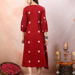 Stylum Women's Maroon Bandhej Printed & Embroidered Rayon Maxi Dress (DRSMAROONROSE)