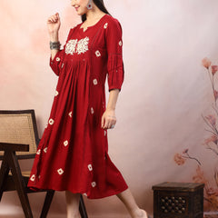 Stylum Women's Maroon Bandhej Printed & Embroidered Rayon Maxi Dress (DRSMAROONROSE)