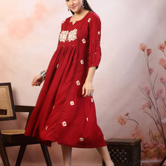 Stylum Women's Maroon Bandhej Printed & Embroidered Rayon Maxi Dress (DRSMAROONROSE)
