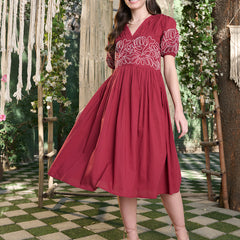 Stylum Women's Maroon Solid Cotton Flared Dress (DRSMAROONYUNA)