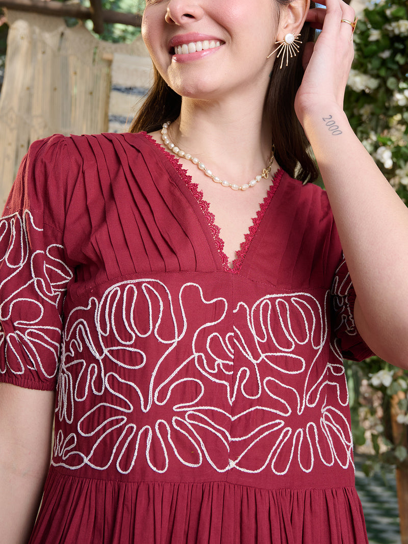 Stylum Women's Maroon Solid Cotton Flared Dress (DRSMAROONYUNA)