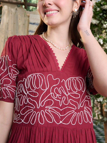 Stylum Women's Maroon Solid Cotton Flared Dress (DRSMAROONYUNA)