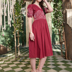 Stylum Women's Maroon Solid Cotton Flared Dress (DRSMAROONYUNA)