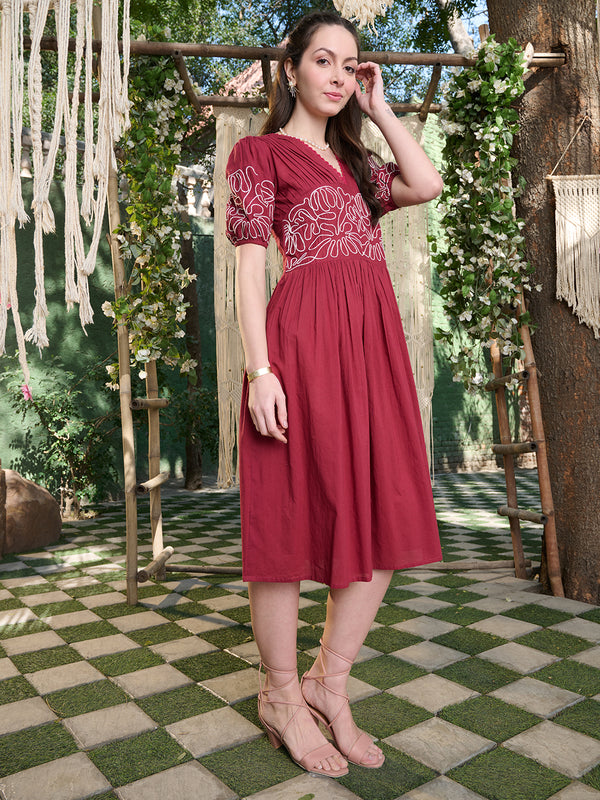 Stylum Women's Maroon Solid Cotton Flared Dress (DRSMAROONYUNA)