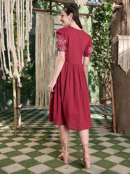 Stylum Women's Maroon Solid Cotton Flared Dress (DRSMAROONYUNA)