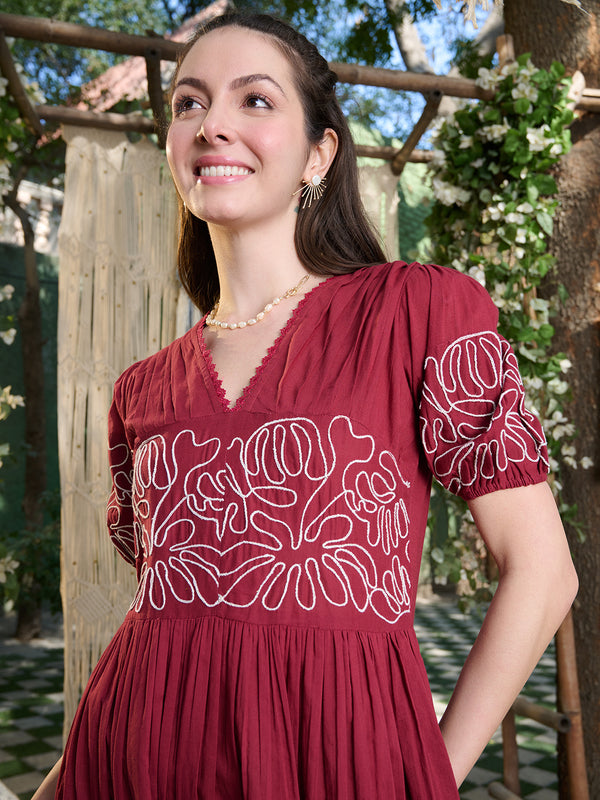 Stylum Women's Maroon Solid Cotton Flared Dress (DRSMAROONYUNA)