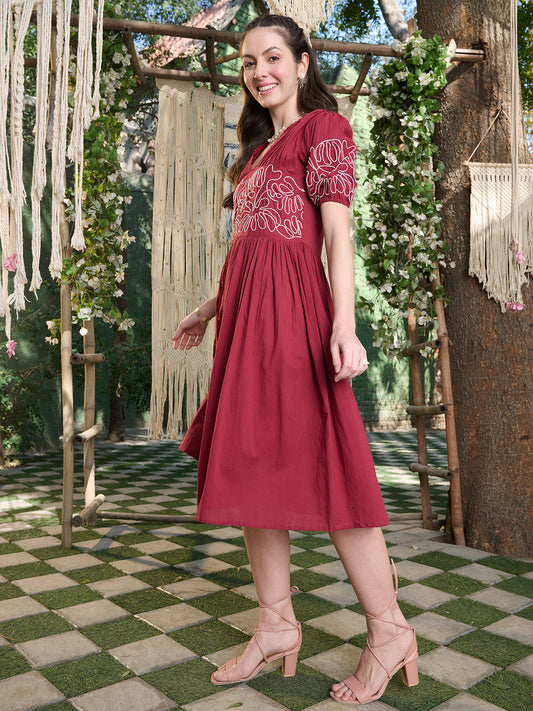 Stylum Women's Maroon Solid Cotton Flared Dress (DRSMAROONYUNA)