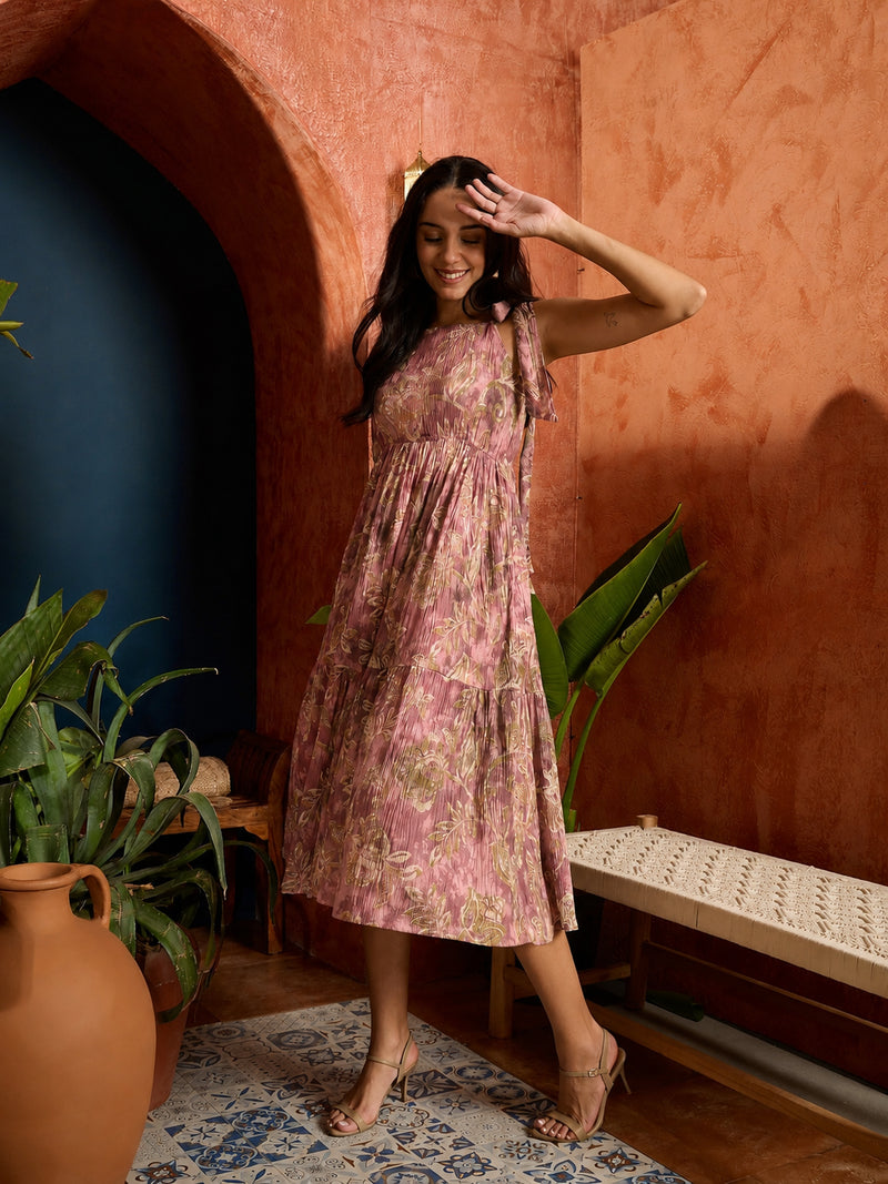 Stylum Women's Mauve Floral Printed Crepe Tiered Dress (DRSMAUVEMURAD)