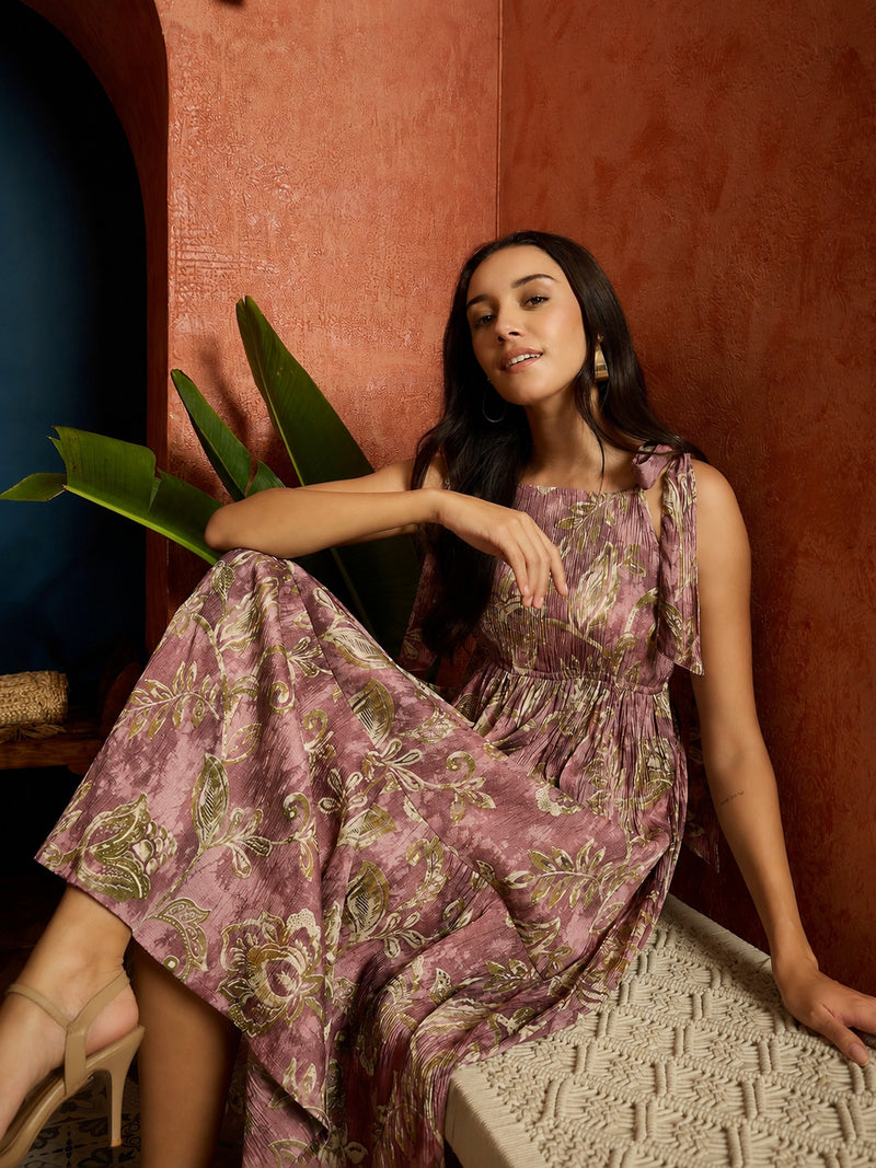 Stylum Women's Mauve Floral Printed Crepe Tiered Dress (DRSMAUVEMURAD)