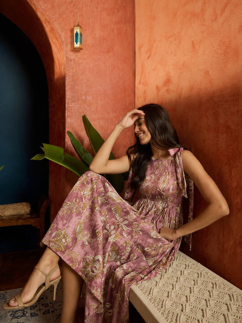 Stylum Women's Mauve Floral Printed Crepe Tiered Dress (DRSMAUVEMURAD)