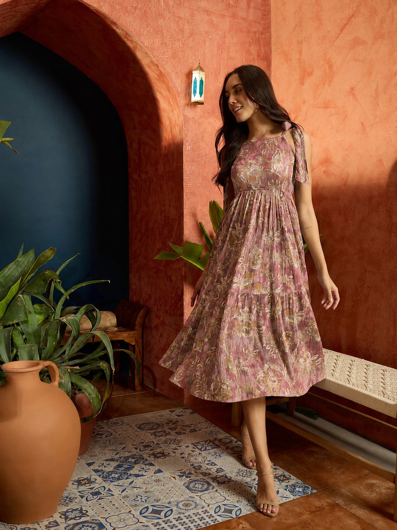 Stylum Women's Mauve Floral Printed Crepe Tiered Dress (DRSMAUVEMURAD)