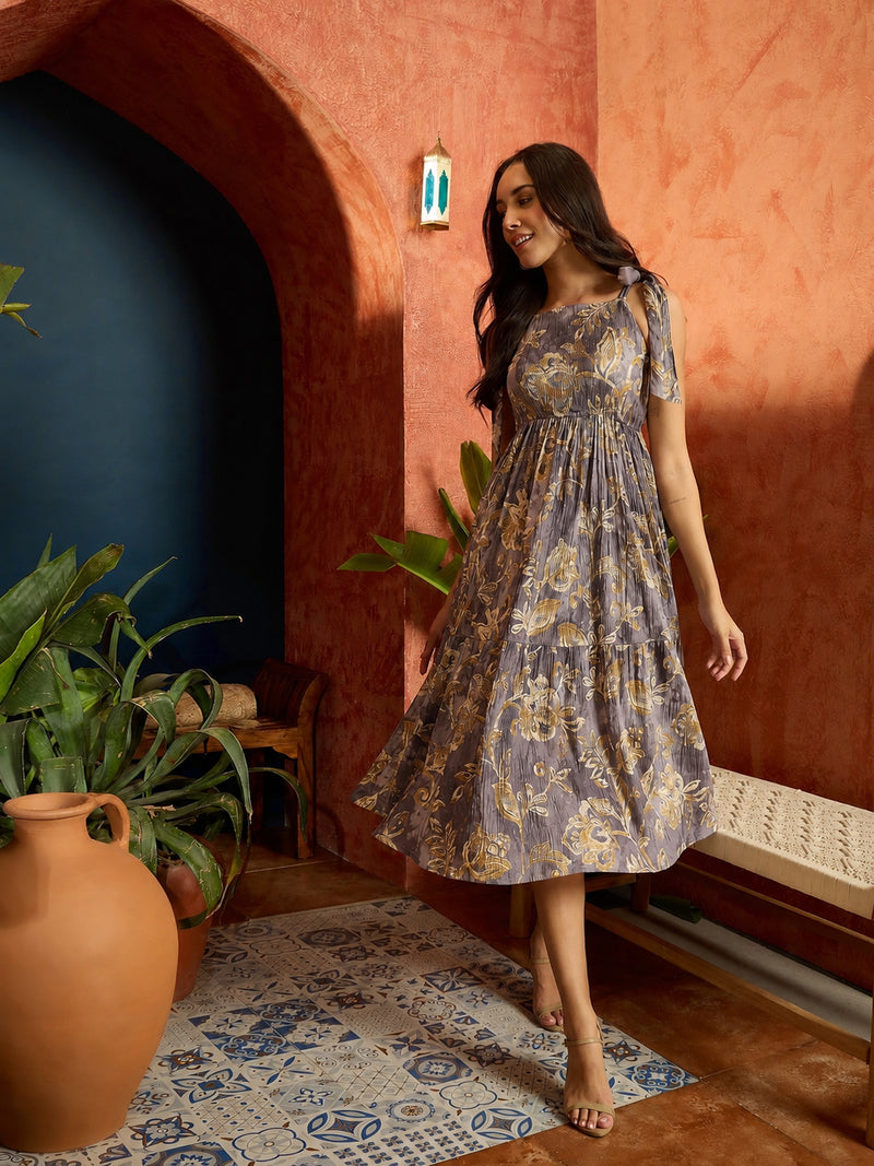Stylum Women's Mocha Floral Printed Crepe Tiered Dress (DRSMOCHAMURAD)
