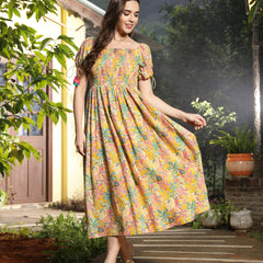 Stylum Women's Multicolor Floral Printed Cotton Flared Dress (DRSMULTISMOKY)