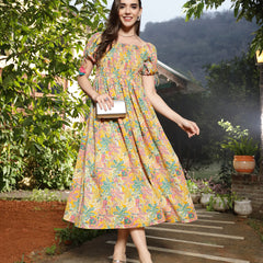 Stylum Women's Multicolor Floral Printed Cotton Flared Dress (DRSMULTISMOKY)