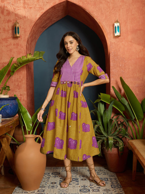 Stylum Women's Mustard Animal Printed Cotton A-Line Dress (DRSMUSTBANTA)