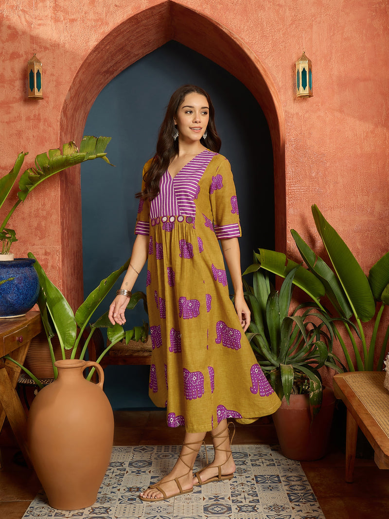 Stylum Women's Mustard Animal Printed Cotton A-Line Dress (DRSMUSTBANTA)