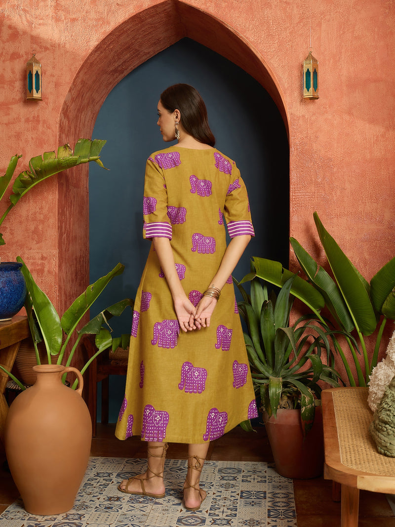 Stylum Women's Mustard Animal Printed Cotton A-Line Dress (DRSMUSTBANTA)