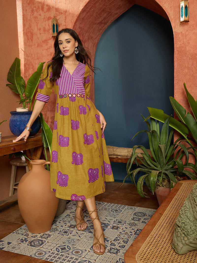 Stylum Women's Mustard Animal Printed Cotton A-Line Dress (DRSMUSTBANTA)
