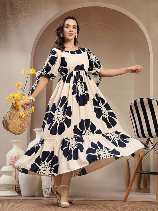 Stylum Women's Navy Floral Printed Rayon Tiered Dress (DRSNAVYSCHON)