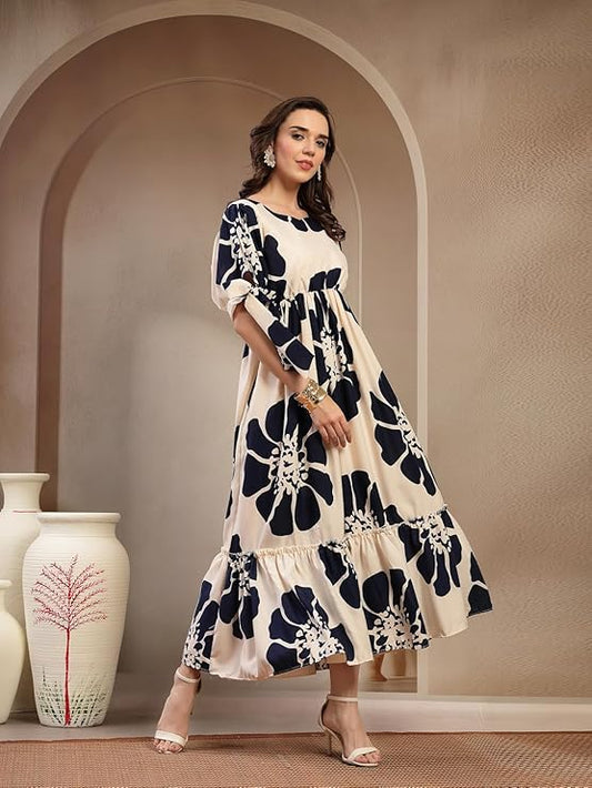 Stylum Women's Navy Floral Printed Rayon Tiered Dress (DRSNAVYSCHON)