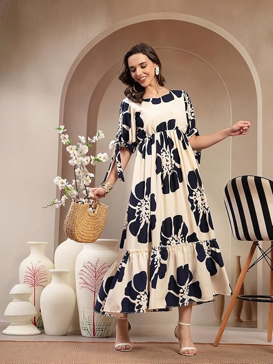 Stylum Women's Navy Floral Printed Rayon Tiered Dress (DRSNAVYSCHON)