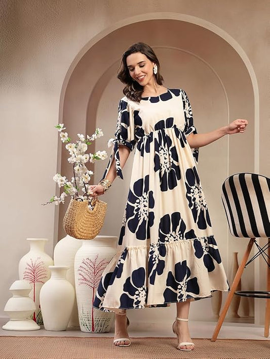 Stylum Women's Navy Floral Printed Rayon Tiered Dress (DRSNAVYSCHON)