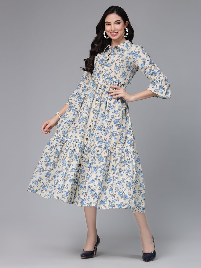 Stylum Women's Floral Printed Cotton Tiered Midi Dress (DRSNEON)
