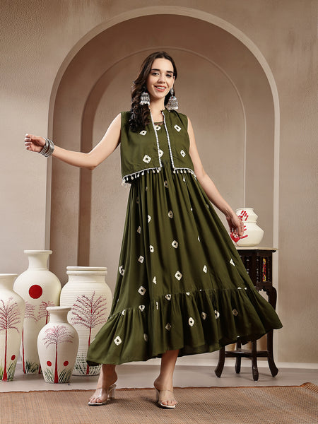 Stylum Women's Green Bandhej Printed Rayon Tiered Dress With Ethnic Jacket (DRSOLIVEARMY)