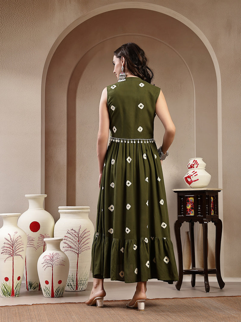 Stylum Women's Green Bandhej Printed Rayon Tiered Dress With Ethnic Jacket (DRSOLIVEARMY)