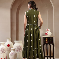 Stylum Women's Green Bandhej Printed Rayon Tiered Dress With Ethnic Jacket (DRSOLIVEARMY)