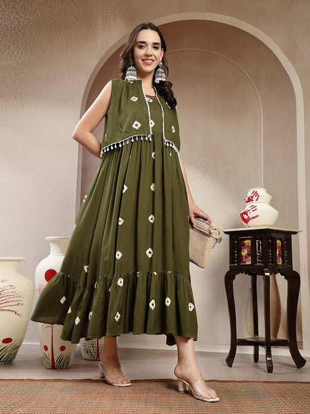 Stylum Women's Green Bandhej Printed Rayon Tiered Dress With Ethnic Jacket (DRSOLIVEARMY)