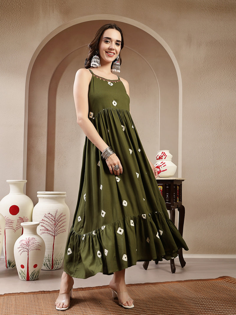 Stylum Women's Green Bandhej Printed Rayon Tiered Dress With Ethnic Jacket (DRSOLIVEARMY)