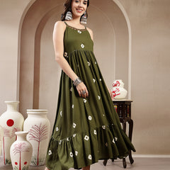 Stylum Women's Green Bandhej Printed Rayon Tiered Dress With Ethnic Jacket (DRSOLIVEARMY)