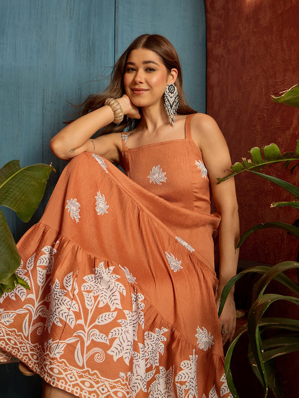 Stylum Women's Orange Tropical Digital Printed Crepe Tiered Dress (DRSORANGEBAJAJ)